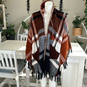 Vintage plaid brown, black, white poncho- tassels & pockets, one size fits all